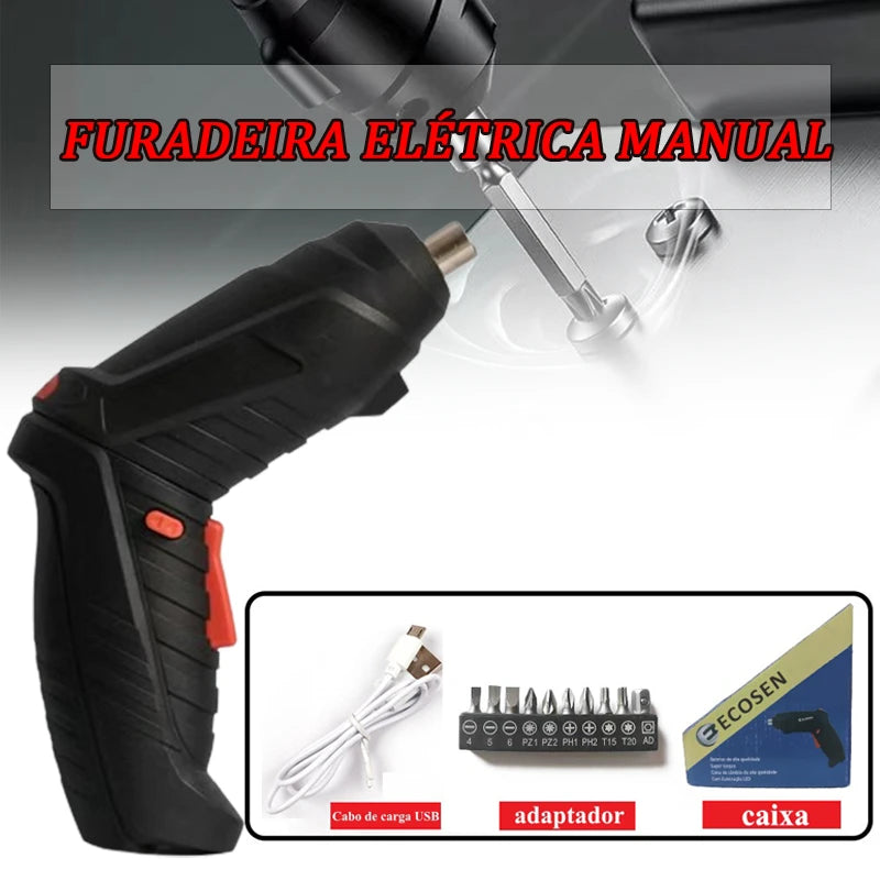 Furadeira elétrica manual, carregamento USB com acessórios
